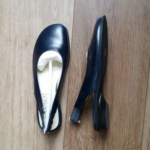 Franco Sarto Slingback Navy Blue Leather Flats, Low Black Block Heels